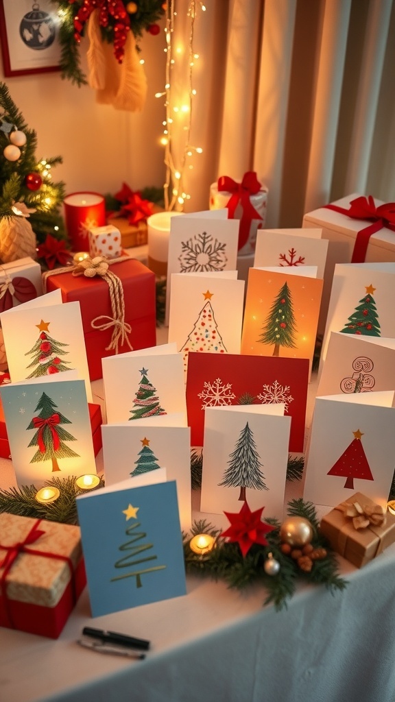 Creative Christmas Card Ideas A collection of creative Christmas cards with various designs on a festive table.
